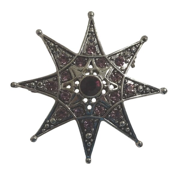 Vintage Starburst Star Brooch Pin With Purple Rhinestone Stones Silver Tone - Picture 1 of 7